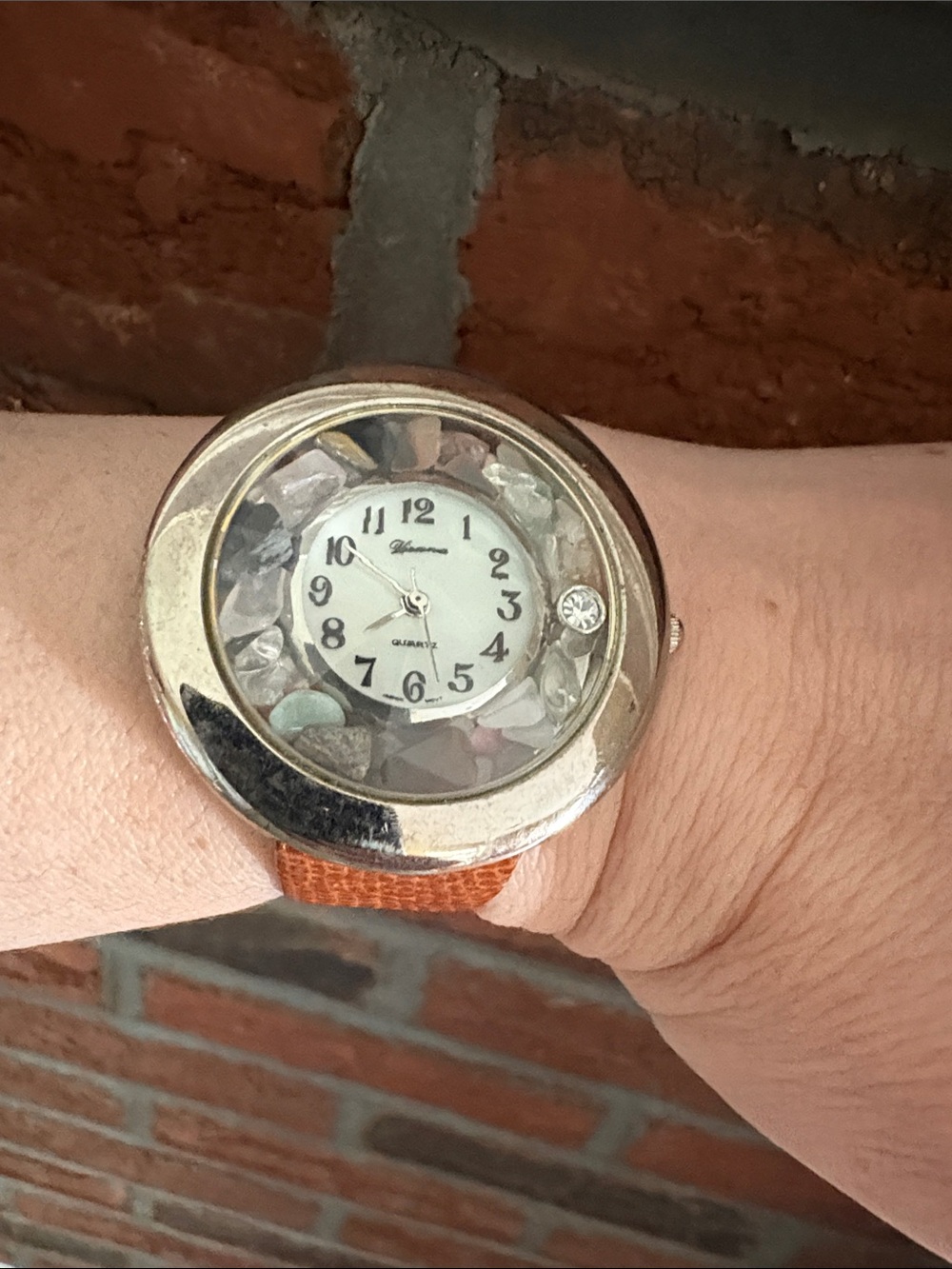 Silver Round Quartz Watch with Natural Gemstones Genuine Leather Strap